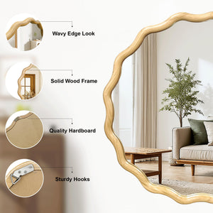Wavy Round Wood Wall Mirror with Scalloped Frame
