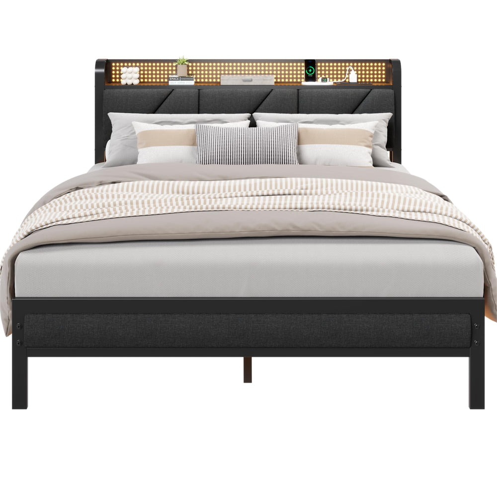 Platform Bed Frame with LED Headboard, Charging Station & Storage