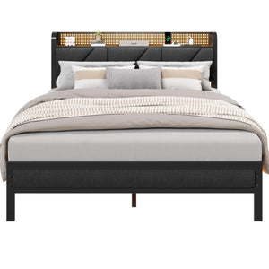 Platform Bed Frame with LED Headboard, Charging Station & Storage