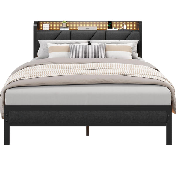 Platform Bed Frame with LED Headboard, Charging Station & Storage