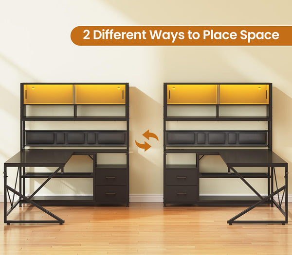 L-Shaped Gaming Desk with Bookshelf, Glass Cabinet, LED Lights, Drawers & Power Strip