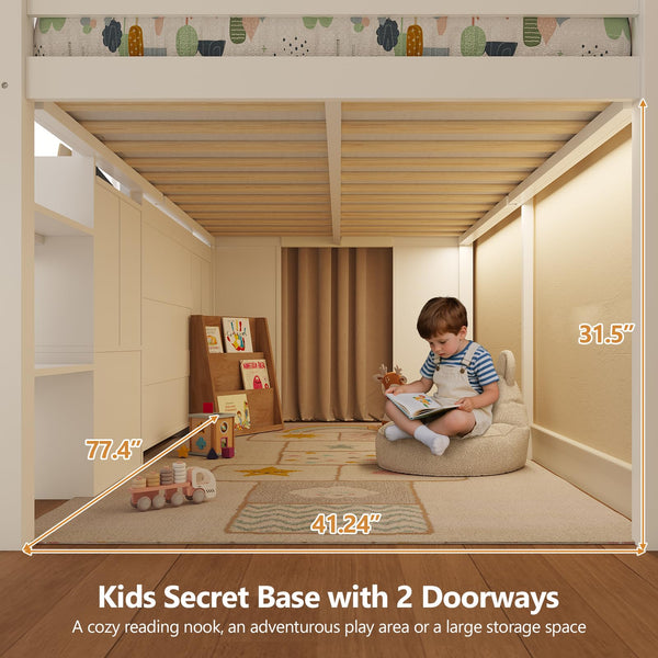 Twin Low Loft Bed with Storage, LED Lights & Reading Nook