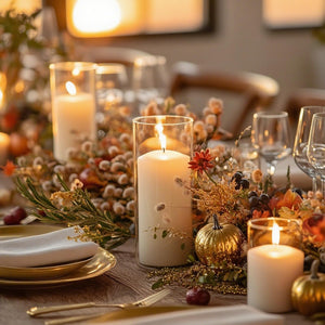 Glass Hurricane Candle Holders with White Pillar Candles Set of 12