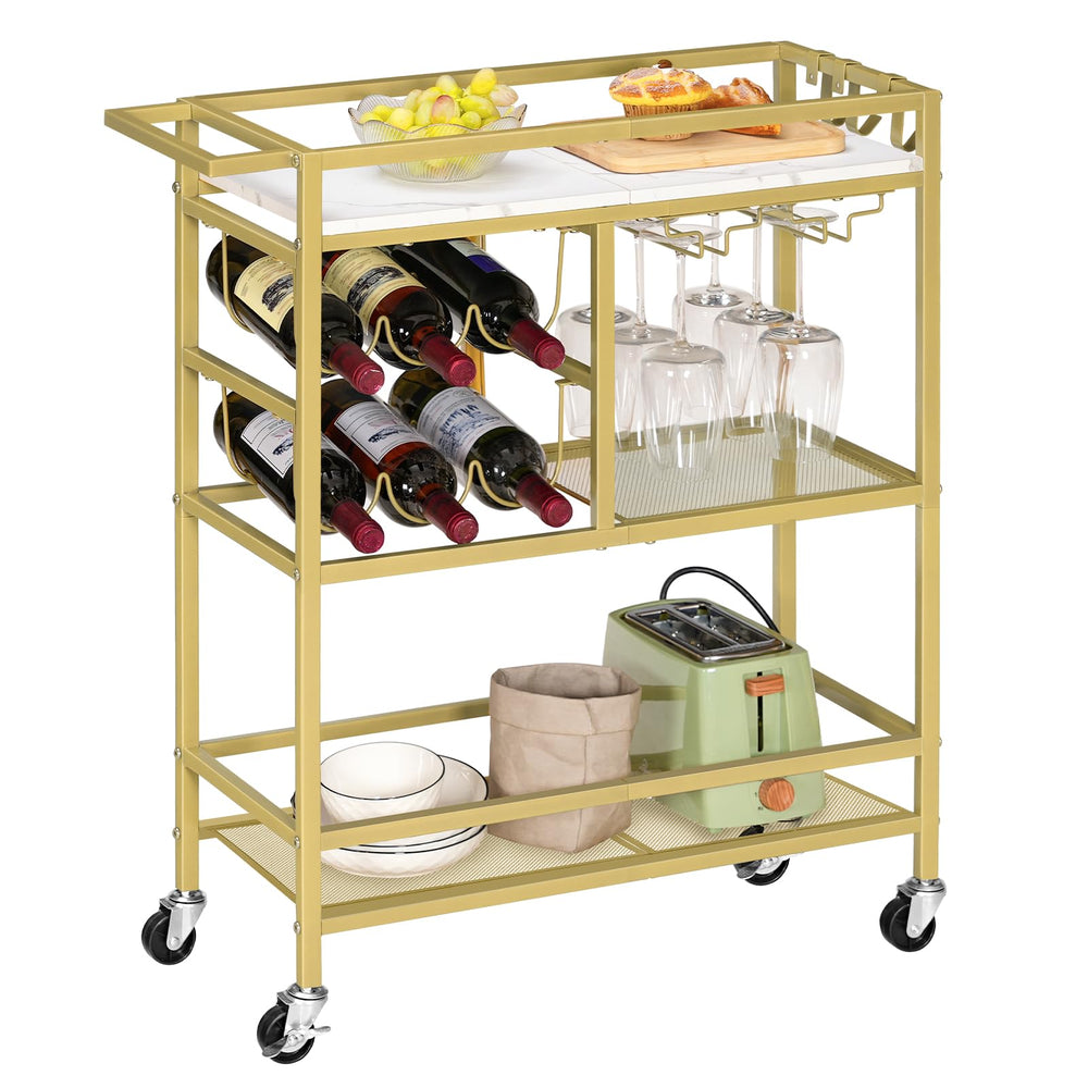 3-Tier Rolling Bar Cart with Wine Rack and Glass Holders