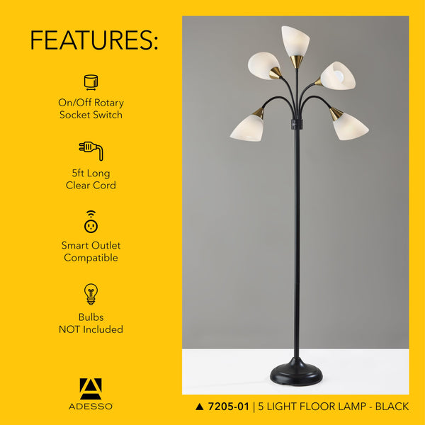 5-Head Arc Floor Lamp with Adjustable Gooseneck Shades