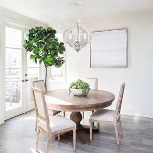 5-Light Farmhouse Chandelier – Distressed White, Rustic Wood, Adjustable Height