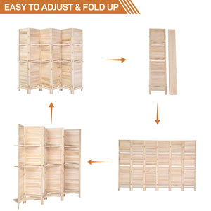 6-Panel Wood Room Divider with Shelves – 71" Tall Folding Privacy Screen