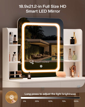 LED Makeup Vanity Desk with Smart Mirror, Power Outlet & Storage
