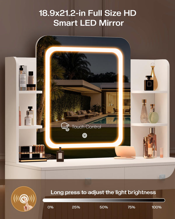 LED Makeup Vanity Desk with Smart Mirror, Power Outlet & Storage