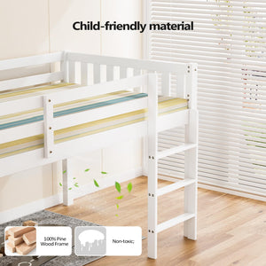 Twin Low Loft Bed Frame with Guardrail and Ladder