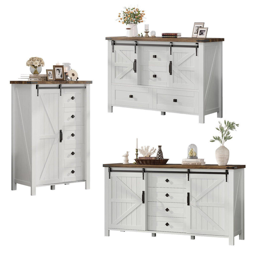 AMERLIFE 3PCS Farmhouse Bedroom Cabinet Set, Dresser Sets Include 47'' 4-Drawers, 60'' 4-Drawer and 5-Drawer Dresser, Distressed White