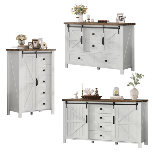 AMERLIFE 3PCS Farmhouse Bedroom Cabinet Set, Dresser Sets Include 47'' 4-Drawers, 60'' 4-Drawer and 5-Drawer Dresser, Distressed White