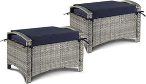 Outdoor Wicker Ottoman Set of 2 with Removable Cushions
