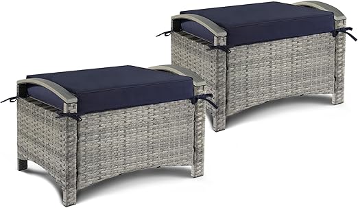 Outdoor Wicker Ottoman Set of 2 with Removable Cushions