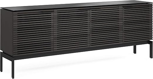 79" Modern TV Stand with Soundbar Shelf, Tempered Glass Top & Cable Management – Fits TVs up to 80"