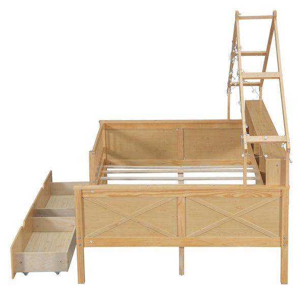 Full Size House Platform Bed with LED Lights, Storage Shelves & Drawers