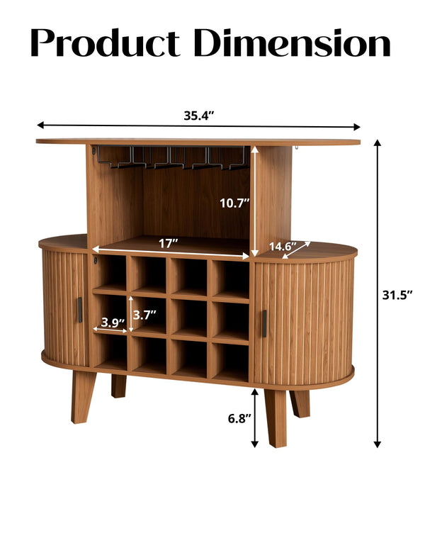 Wine Bar Cabinet with Sliding Tambour Door, Glass Shelves & 12 Wine Racks