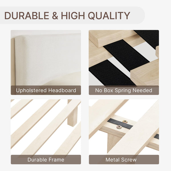 Queen Upholstered Platform Bed Frame with Boucle Fabric