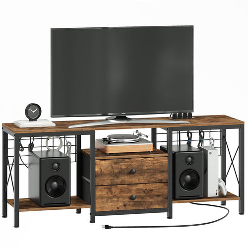 TV Stand with Power Outlet, Fabric Drawers & Cable Management