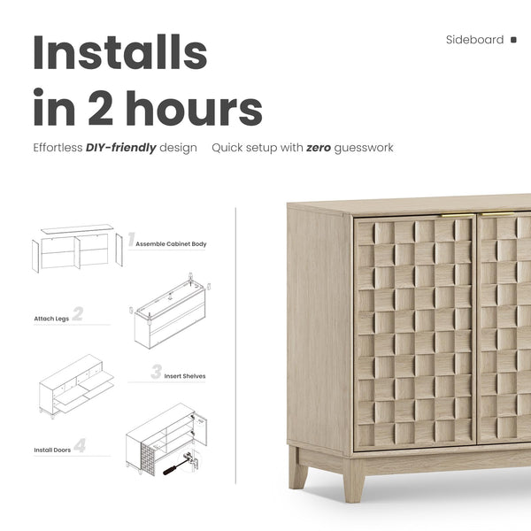 60-Inch Sideboard Buffet Cabinet with 3D Checkerboard Doors & Wood Legs