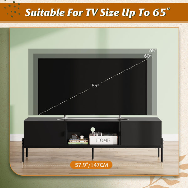 Mid-Century Modern TV Stand with Storage Cabinets & Metal Legs