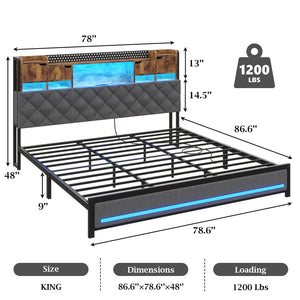 King Size Bed Frame with LED Lights & Storage Headboard
