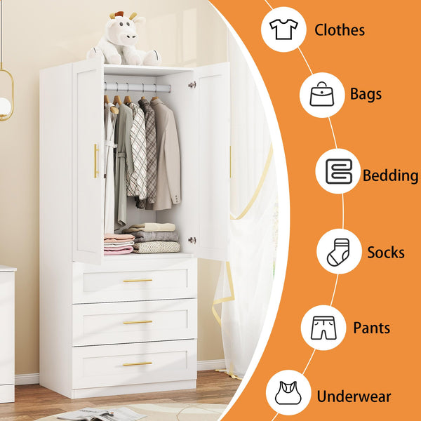 Wardrobe Closet with Hanging Rod and Drawers