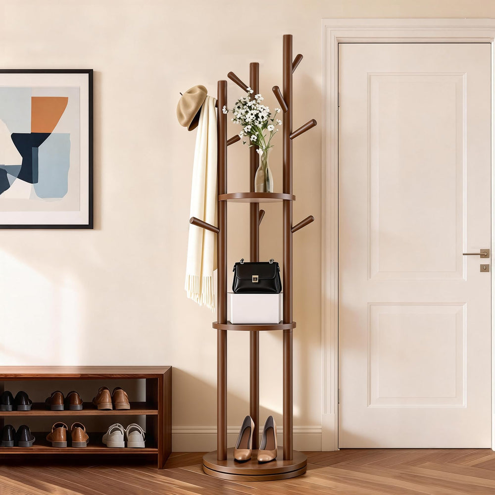 Rotating Solid Wood Coat Rack with 3 Shelves & 9 Hooks