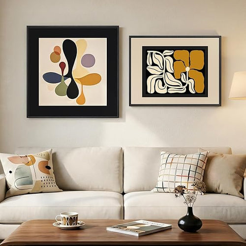 Abstract Canvas Wall Art Set of 2 – Framed Geometric & Line Prints, 24x24 & 24x18 In