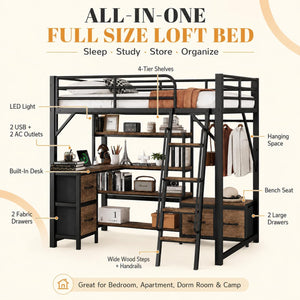Metal Loft Bed with Desk, Storage & RGB LED Lights