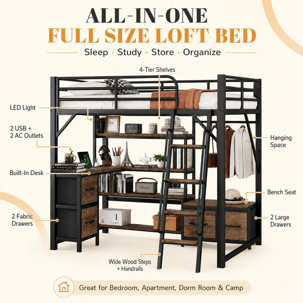 Metal Loft Bed with Desk, Storage & RGB LED Lights
