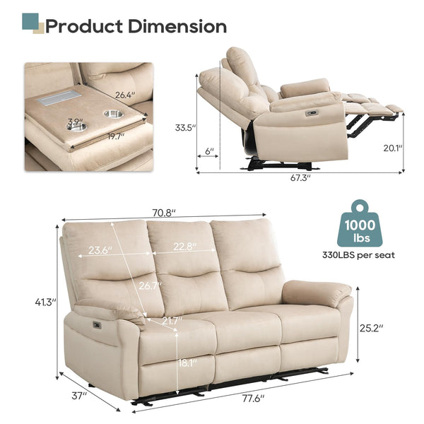 3-Seat Power Reclining Sofa with Console & Cup Holders
