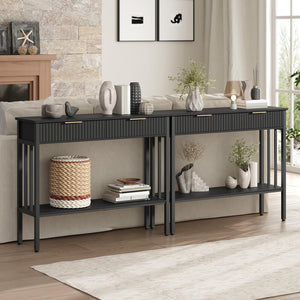 Narrow Fluted Console Table with 2 Drawers & Storage Shelf – Black Entryway Table