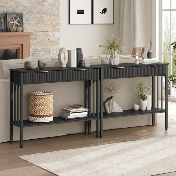 Narrow Fluted Console Table with 2 Drawers & Storage Shelf – Black Entryway Table