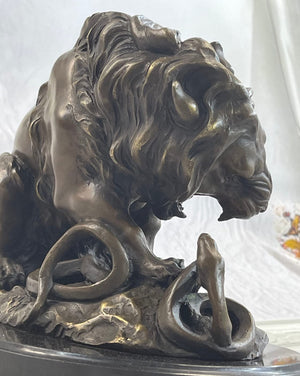 Lion and Snake Bronze Sculpture on Marble Base