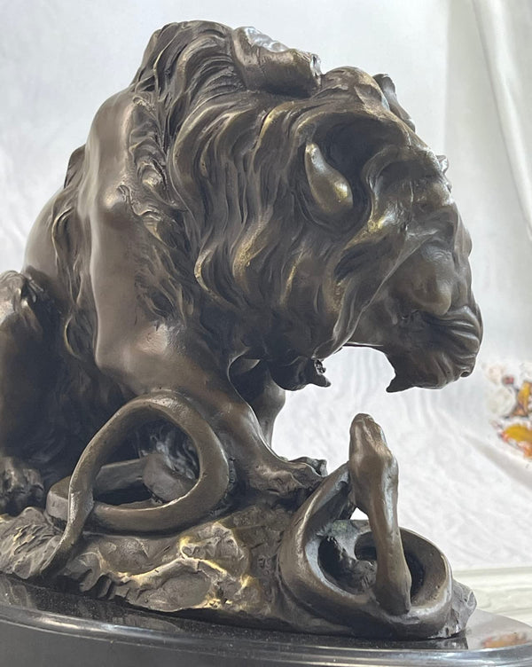 Lion and Snake Bronze Sculpture on Marble Base