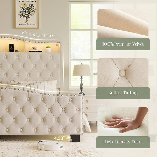 Upholstered Wingback Bed Frame with LED Lights & Storage
