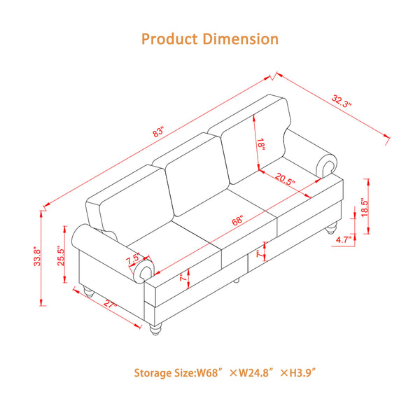 Modern 3-Seat Sofa with Round Armrests – Grey