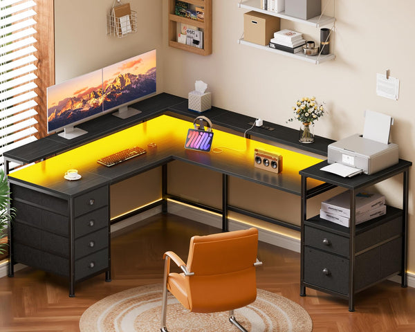 L-Shaped Gaming Desk with 6 Drawers, Monitor Stand & Power Outlets