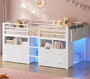 Low Loft Bed Twin with Storage Drawers, Bookcase & LED Lights