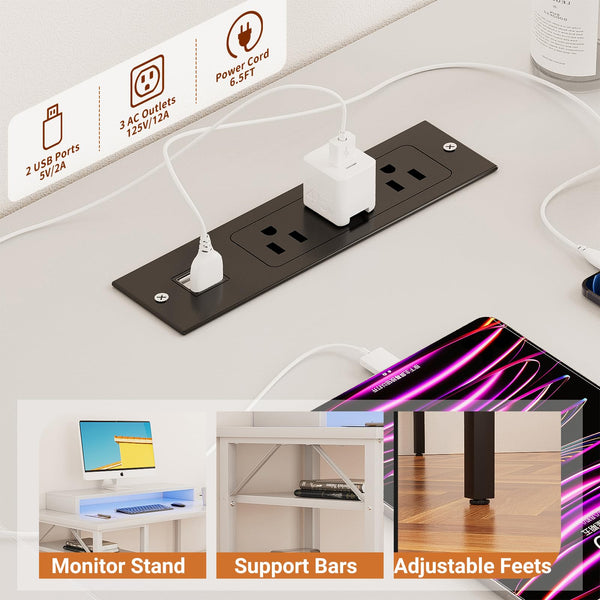 L-Shaped Computer Desk with Power Outlets & Monitor Stand