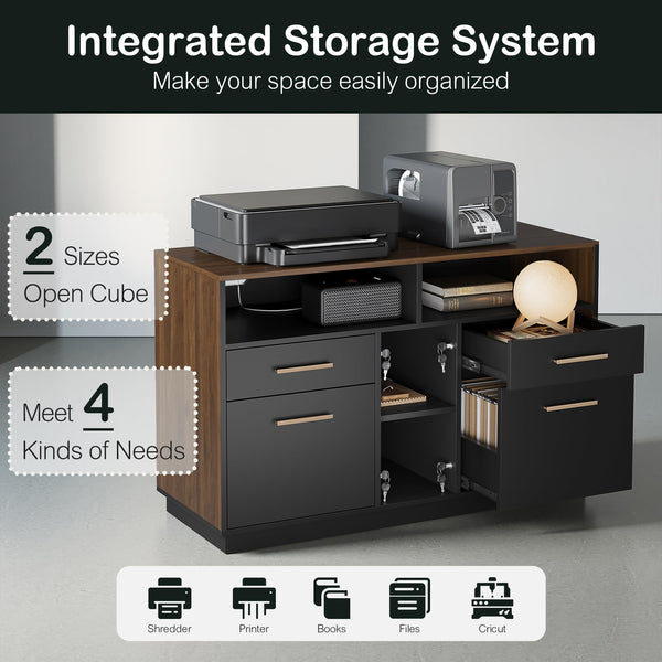 4 Drawer Wood File Cabinet with Lock, Power Strip & Storage Shelves