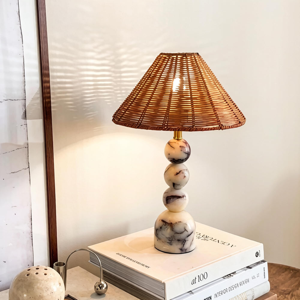 Marble Stacked Ball Table Lamp with Rattan Shade