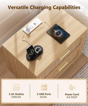 Rattan Nightstand with Charging Station & 2 Drawers