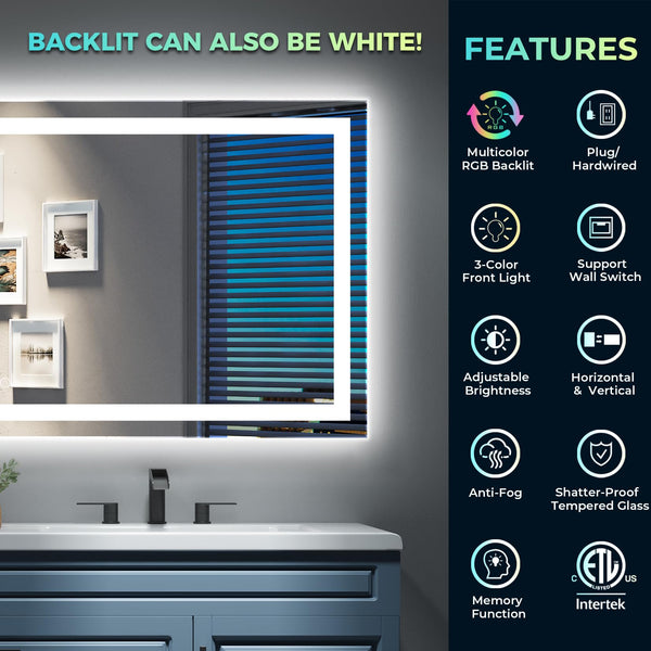 40x36 Inch RGB LED Bathroom Mirror with Front & Backlit Lighting