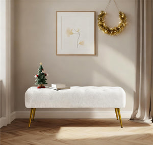 Boucle Ottoman Bench with Gold Metal Legs