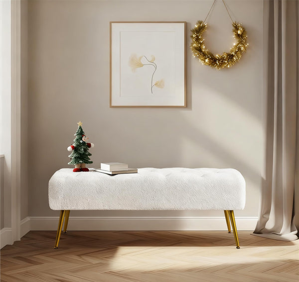 Boucle Ottoman Bench with Gold Metal Legs