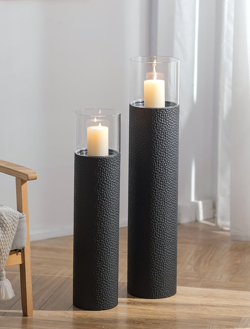 Tall Floor Candle Holders Set of 2 – Black Metal Hurricane Pillar Stands