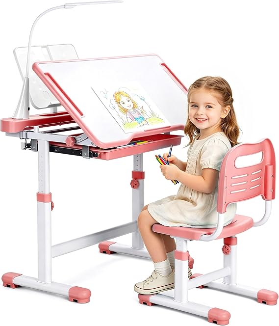 Kids Height-Adjustable Desk & Chair Set with LED Lamp