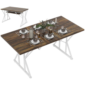 Expandable Dining Table for 4-6 – Farmhouse Rectangle Kitchen Table with Metal Trestle Base